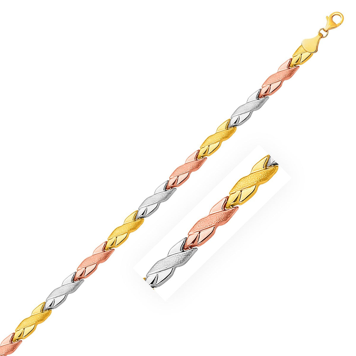 Pulsera de eslabones en forma de X texturizados y brillantes de oro tricolor de 14k