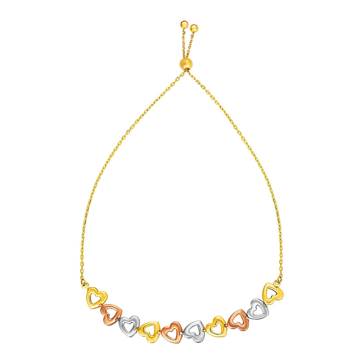 Pulsera ajustable con corazones abiertos brillantes en oro tricolor de 14k