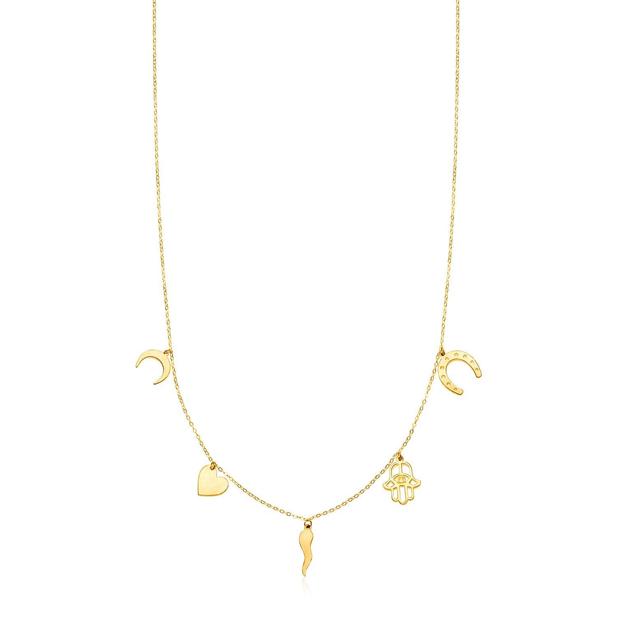 Collar de oro amarillo de 14 quilates con dijes pulidos