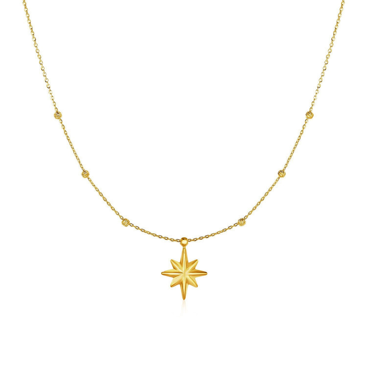 Collar de oro amarillo de 14k con estrella de ocho puntas y cuentas