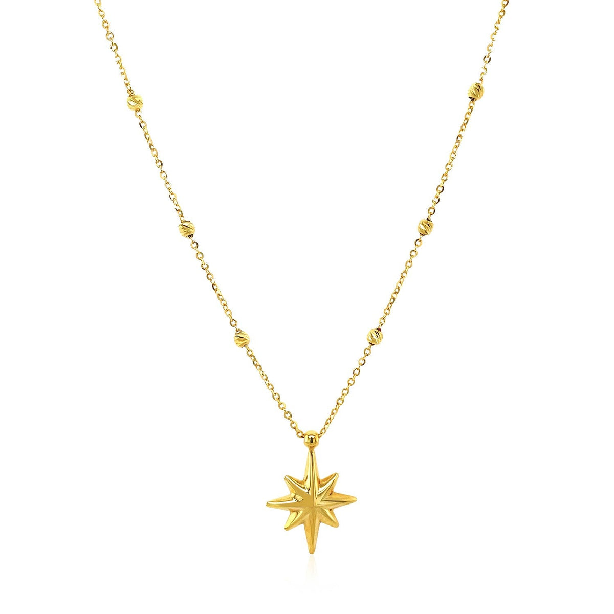 Collar de oro amarillo de 14k con estrella de ocho puntas y cuentas