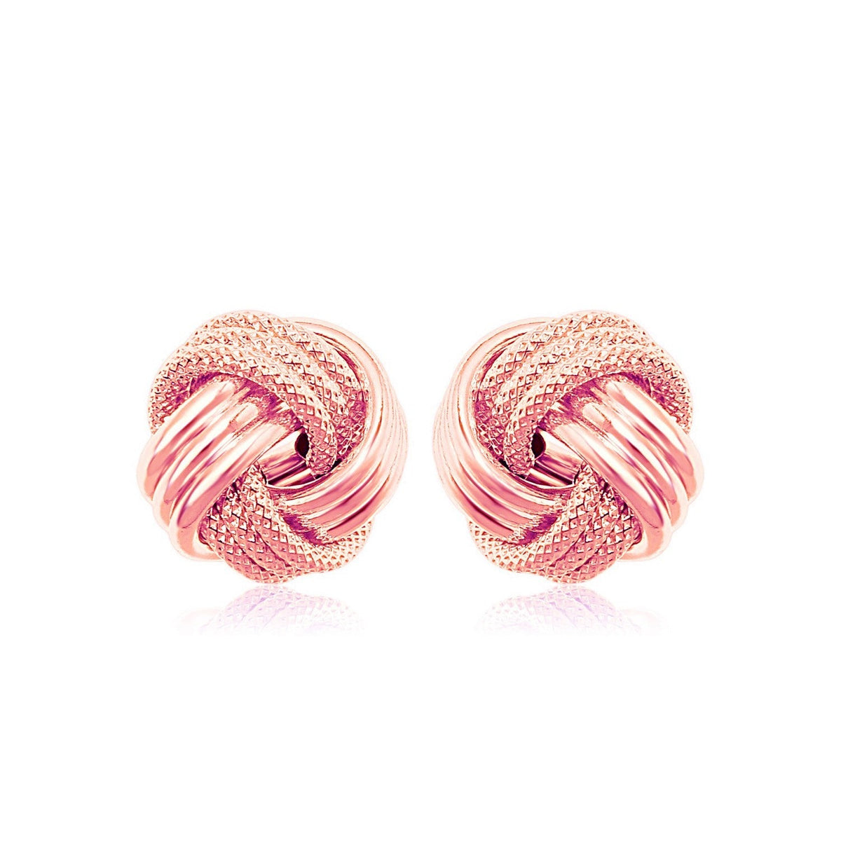 Aretes de nudo de amor en oro rosa de 14k con textura estriada