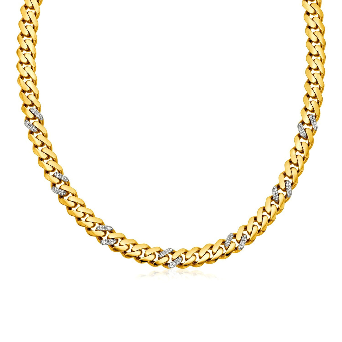 Collar de cadena tipo cubana de 18 pulgadas en oro amarillo de 14k pulido con diamantes