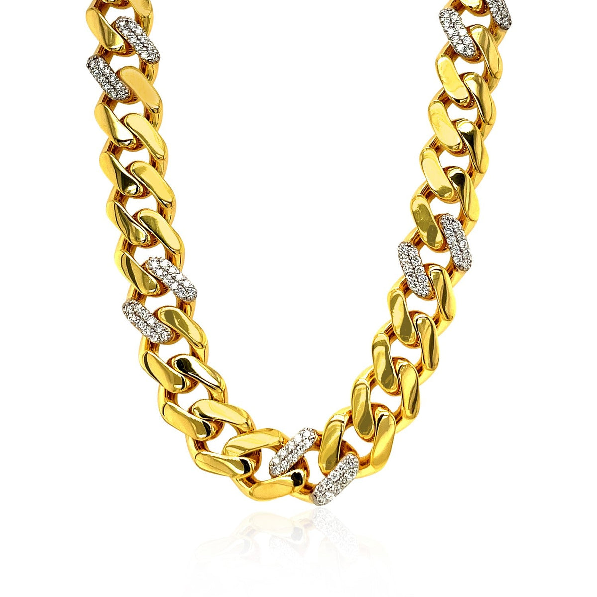 Collar de cadena tipo cubana de 18 pulgadas en oro amarillo de 14k pulido con diamantes