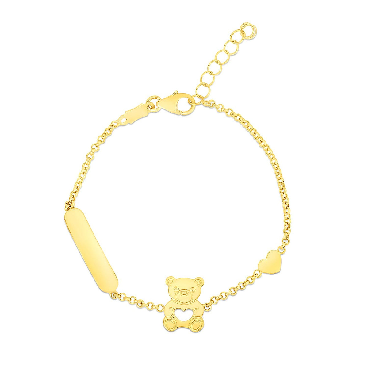 Pulsera de oro amarillo de 14k para niños con osito de peluche, corazón y barra