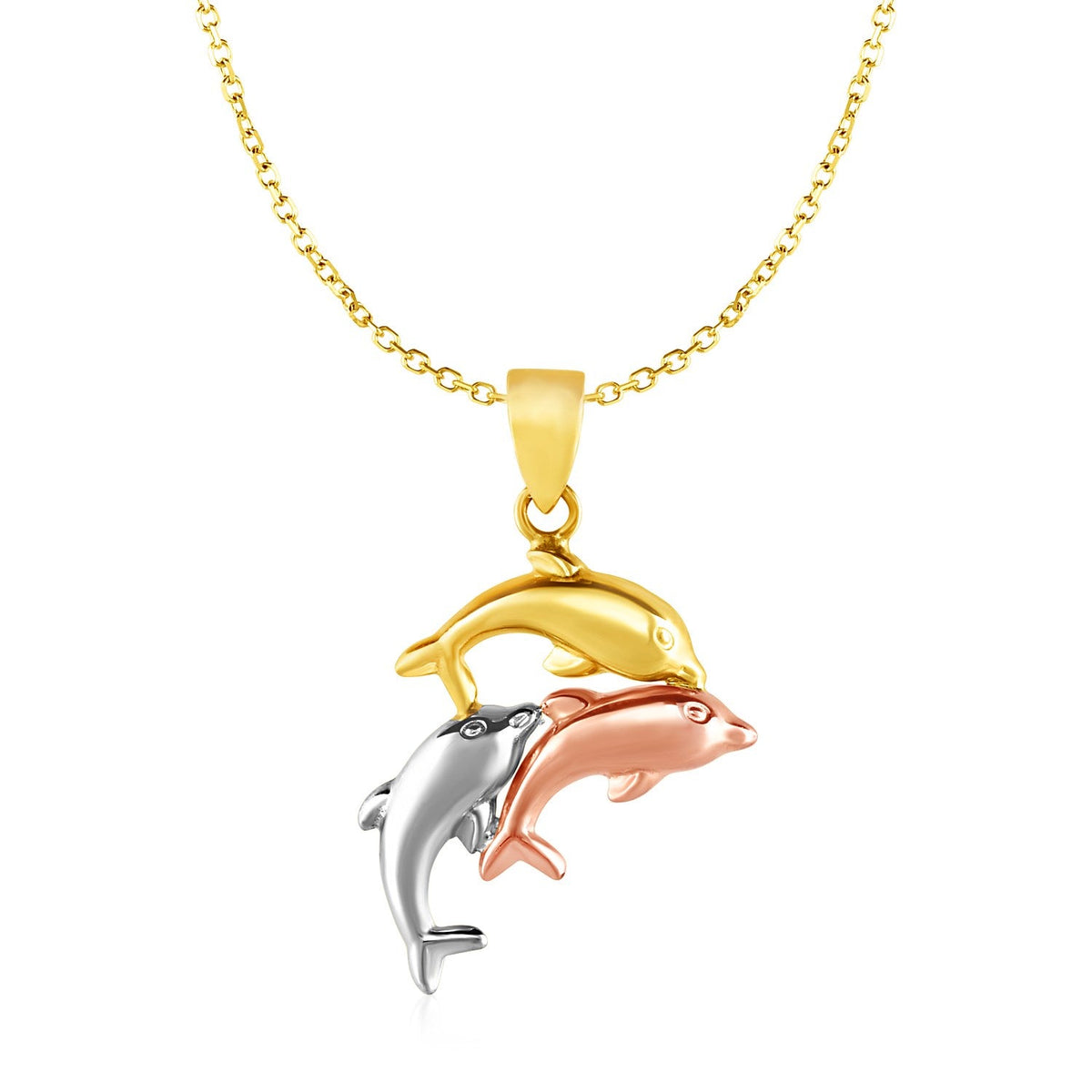 Dije con tres delfines en oro tricolor de 10k