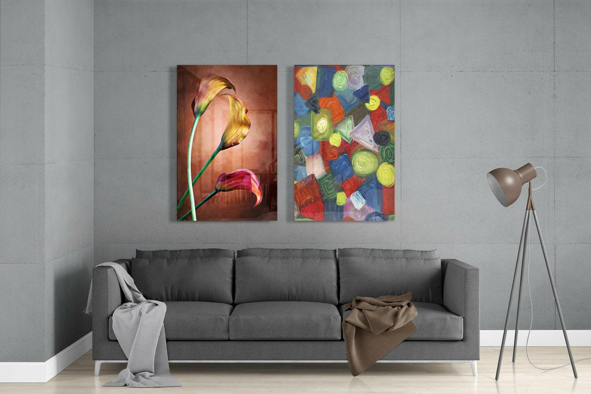 Tulips and Shapes 2 Pieces Combine Glass Wall Art