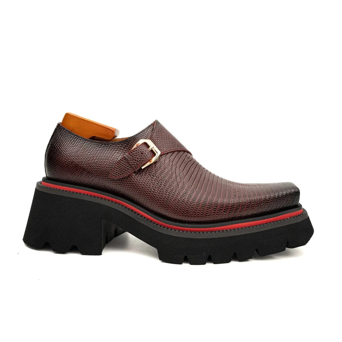 Burgundy Lizard-Embossed Cow Leather Monk Shoes