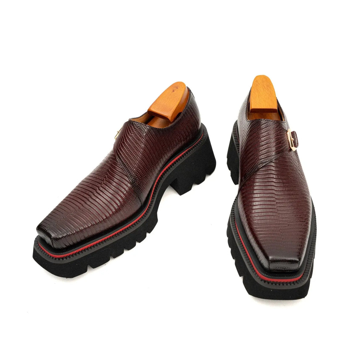 Burgundy Lizard-Embossed Cow Leather Monk Shoes