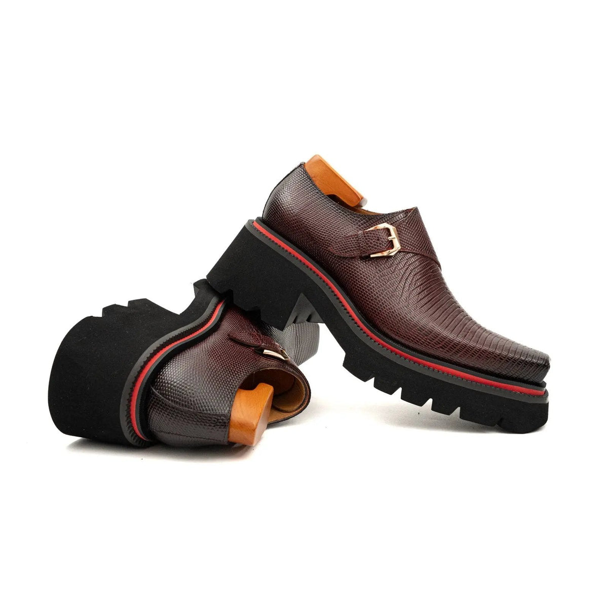 Burgundy Lizard-Embossed Cow Leather Monk Shoes