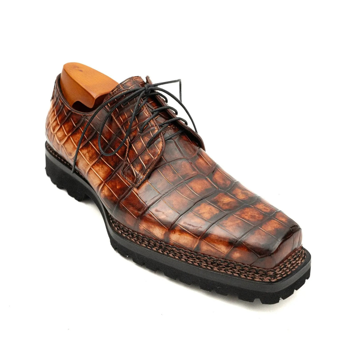 Brown-Black Crocodile Leather Derby Shoes