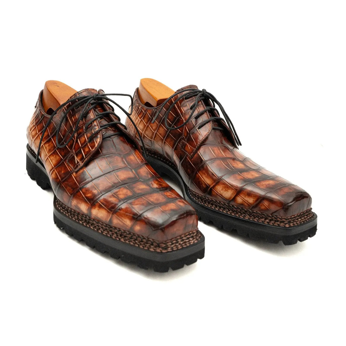 Brown-Black Crocodile Leather Derby Shoes