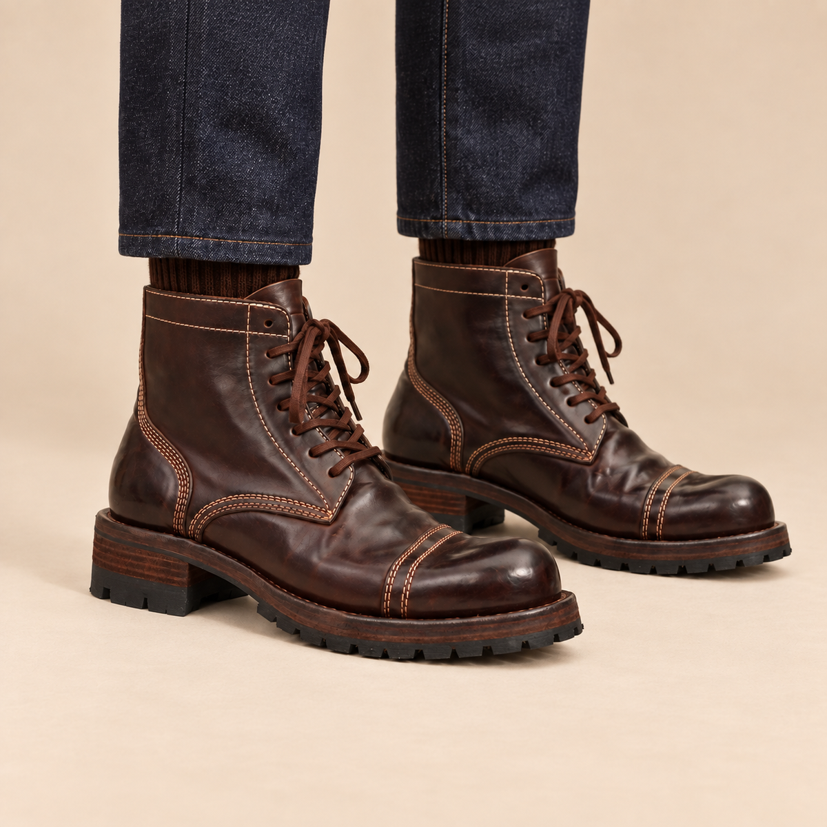 Dark Brown Cap-Toe Horse Butt Leather Ankle Boots