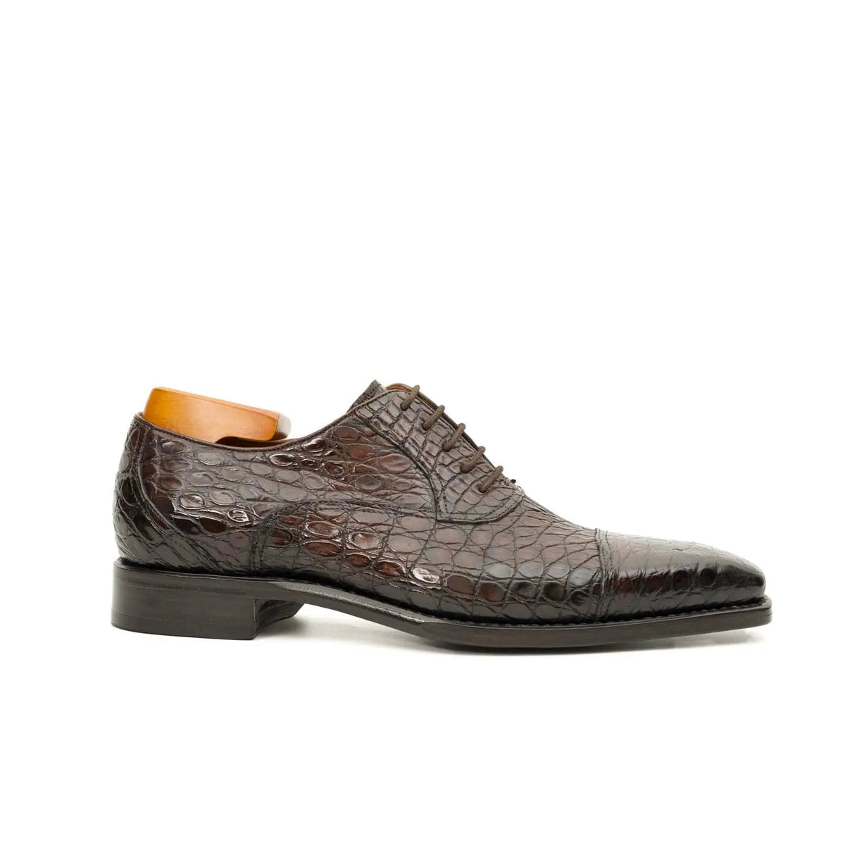 Dark Brown Textured Cap-Toe Oxford Shoe with Block Heel