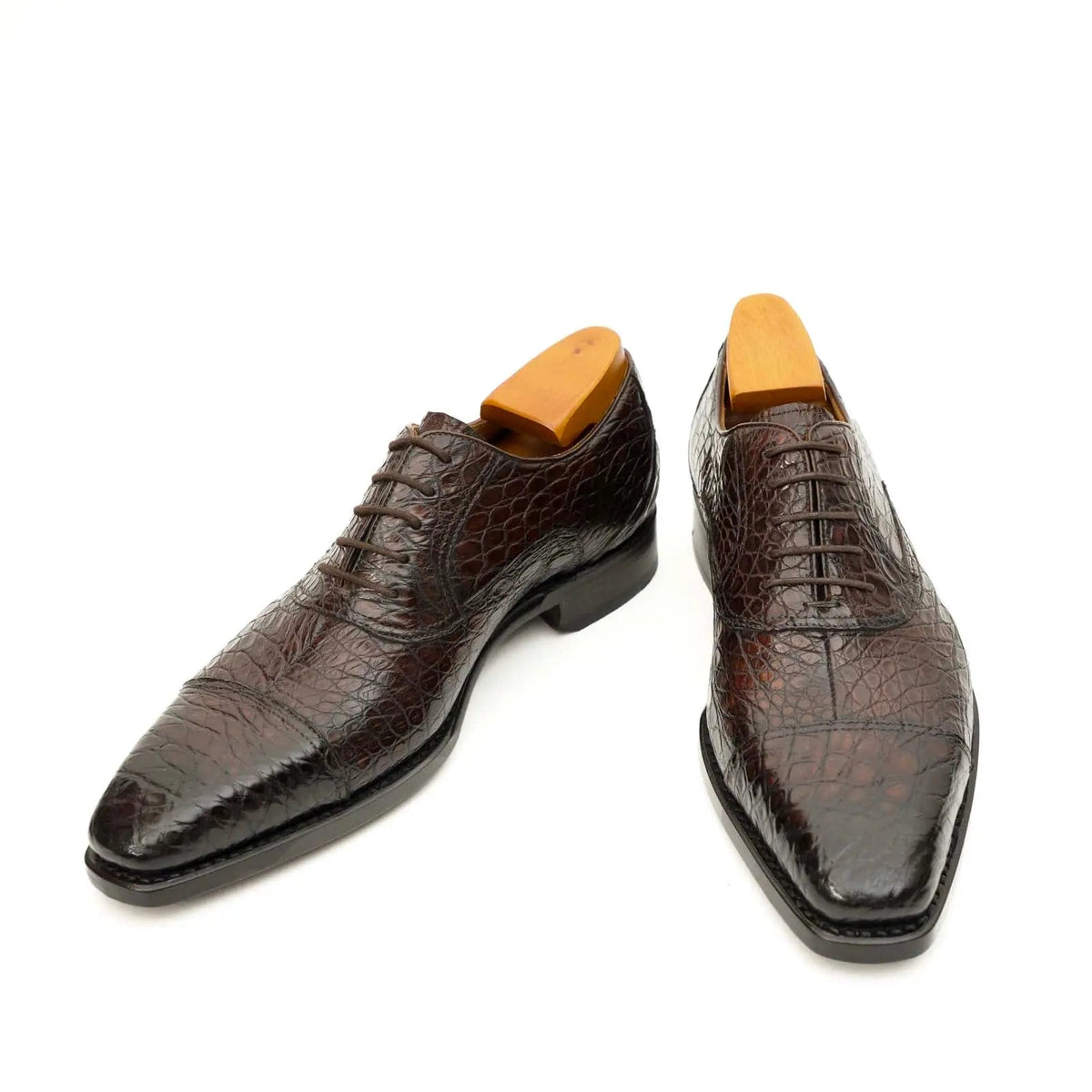 Dark Brown Textured Cap-Toe Oxford Shoe with Block Heel