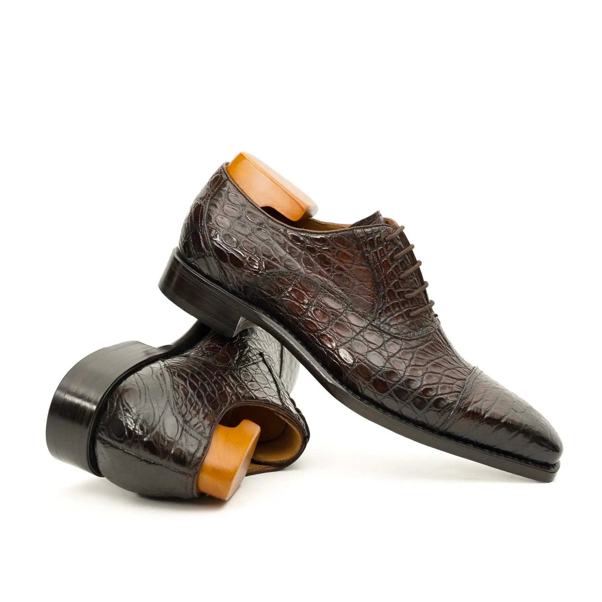 Dark Brown Textured Cap-Toe Oxford Shoe with Block Heel