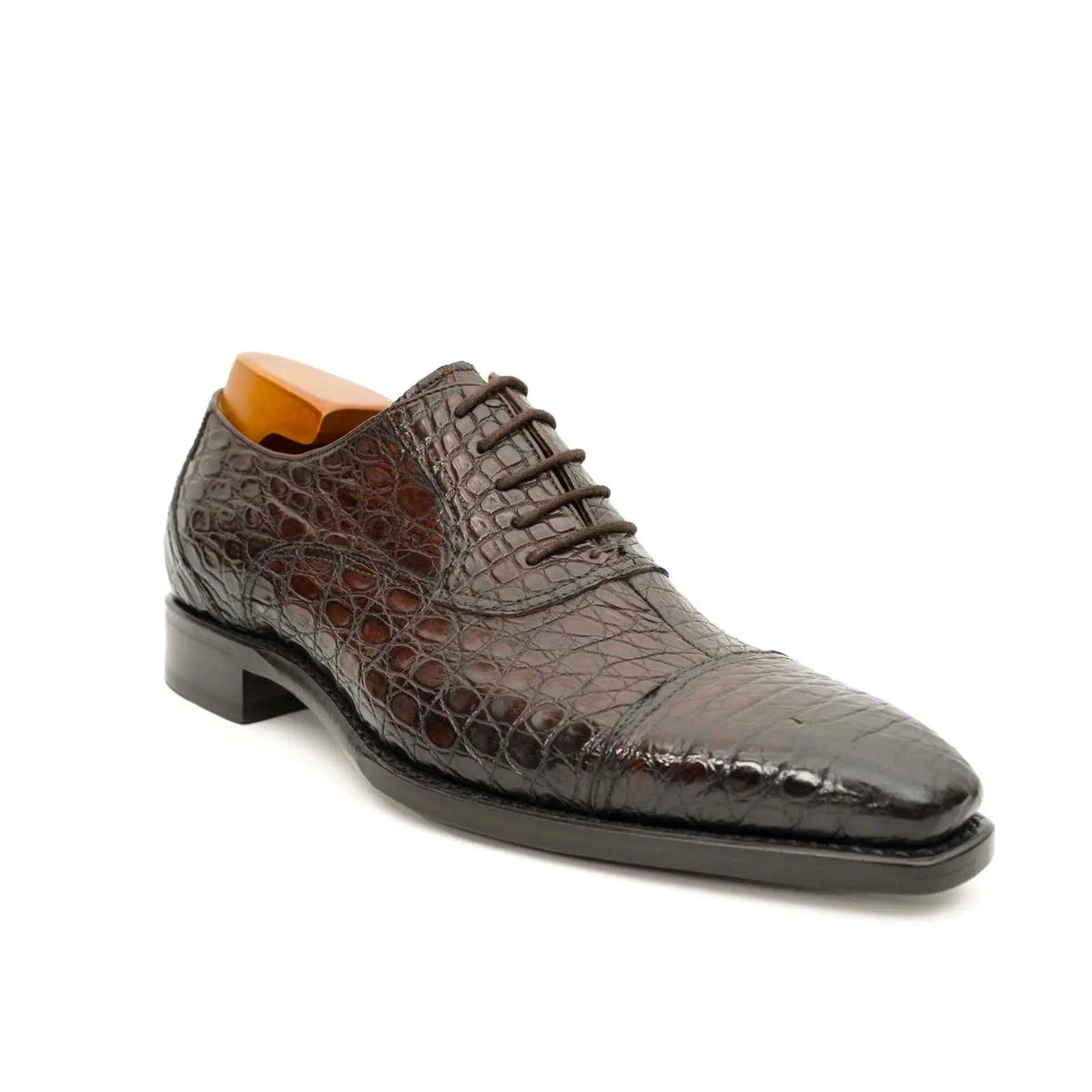Dark Brown Textured Cap-Toe Oxford Shoe with Block Heel