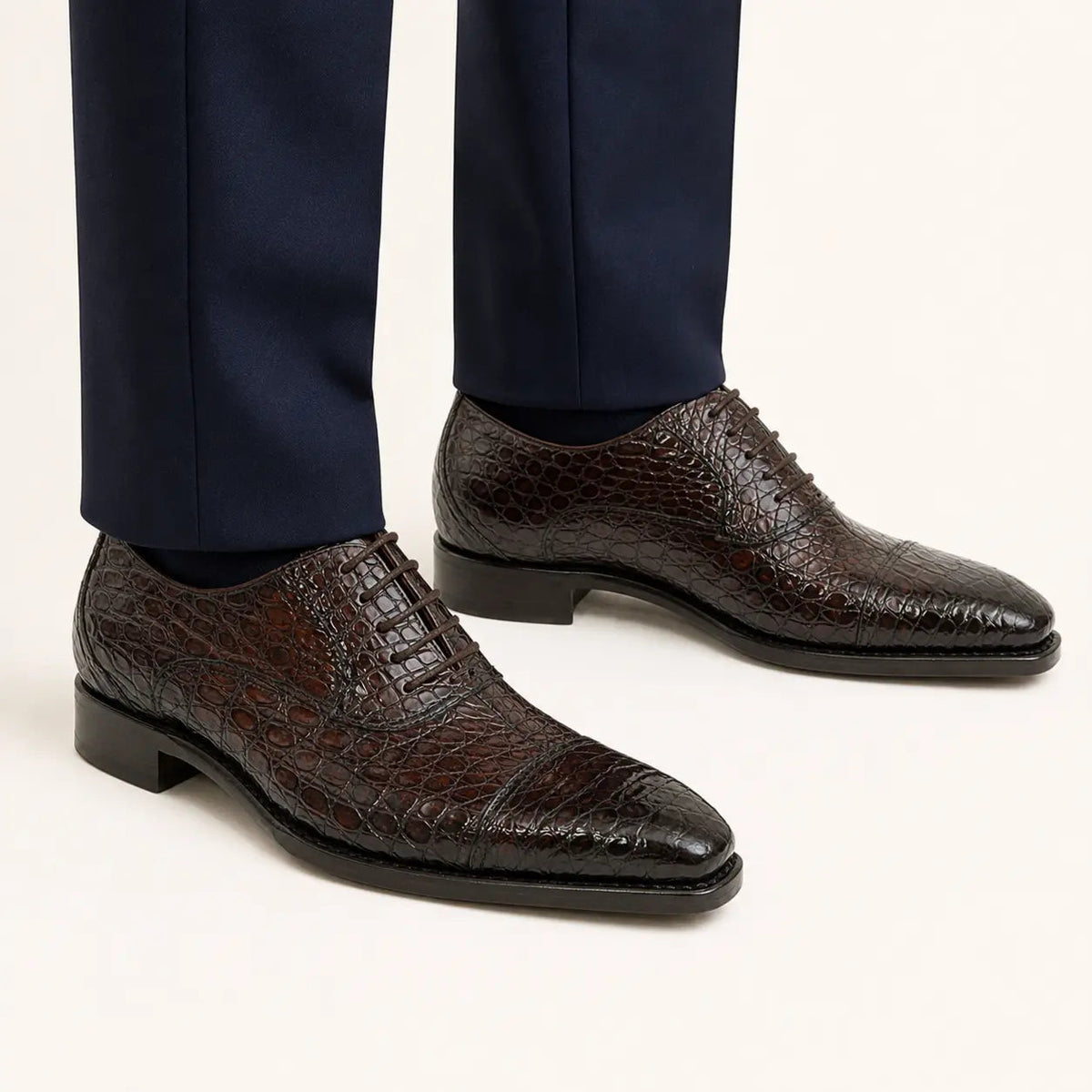 Dark Brown Textured Cap-Toe Oxford Shoe with Block Heel