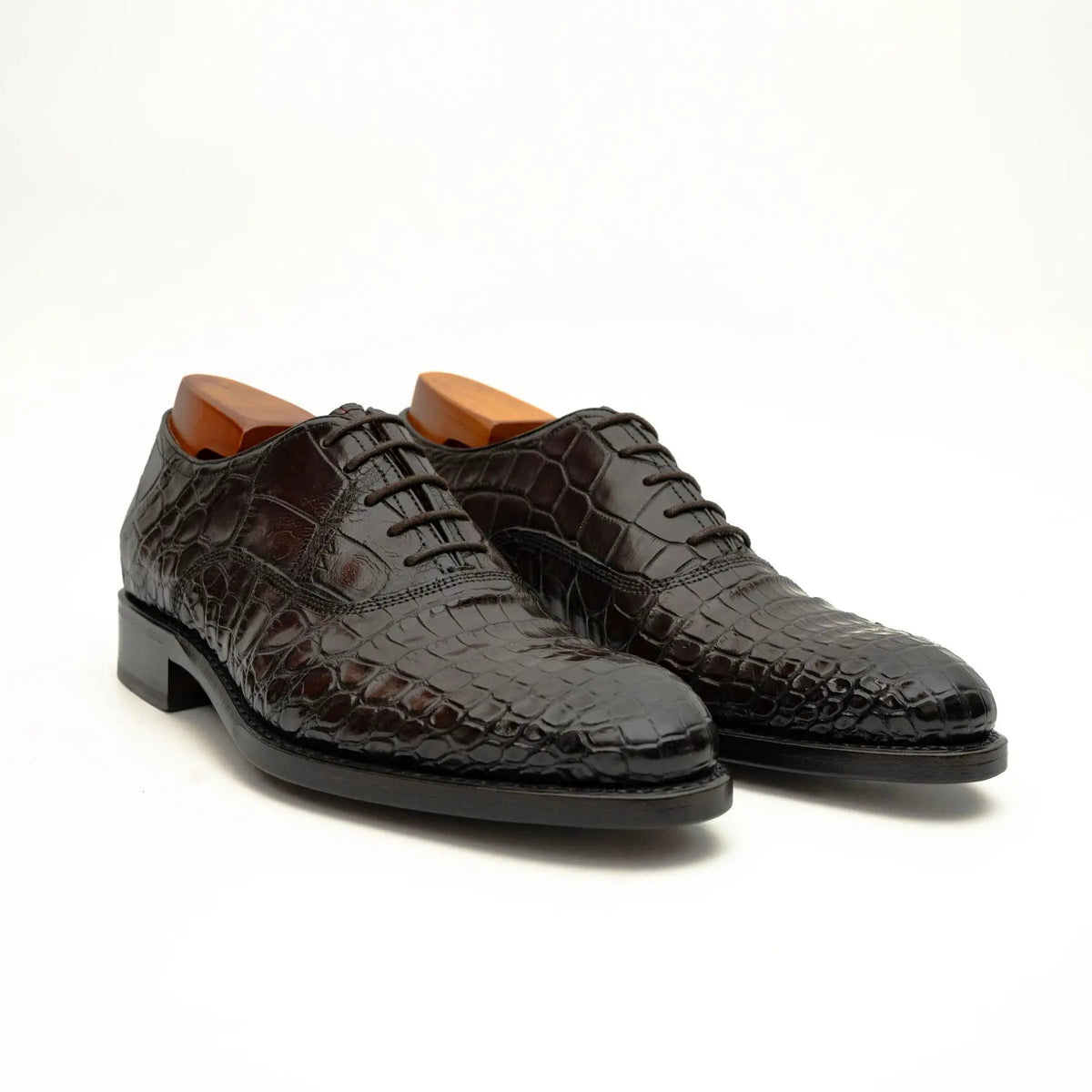 Dark Brown Plain-Toe Crocodile Leather Derby Shoes