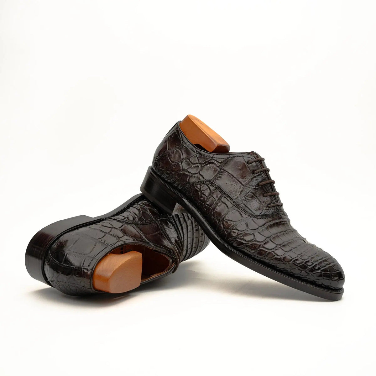 Dark Brown Plain-Toe Crocodile Leather Derby Shoes