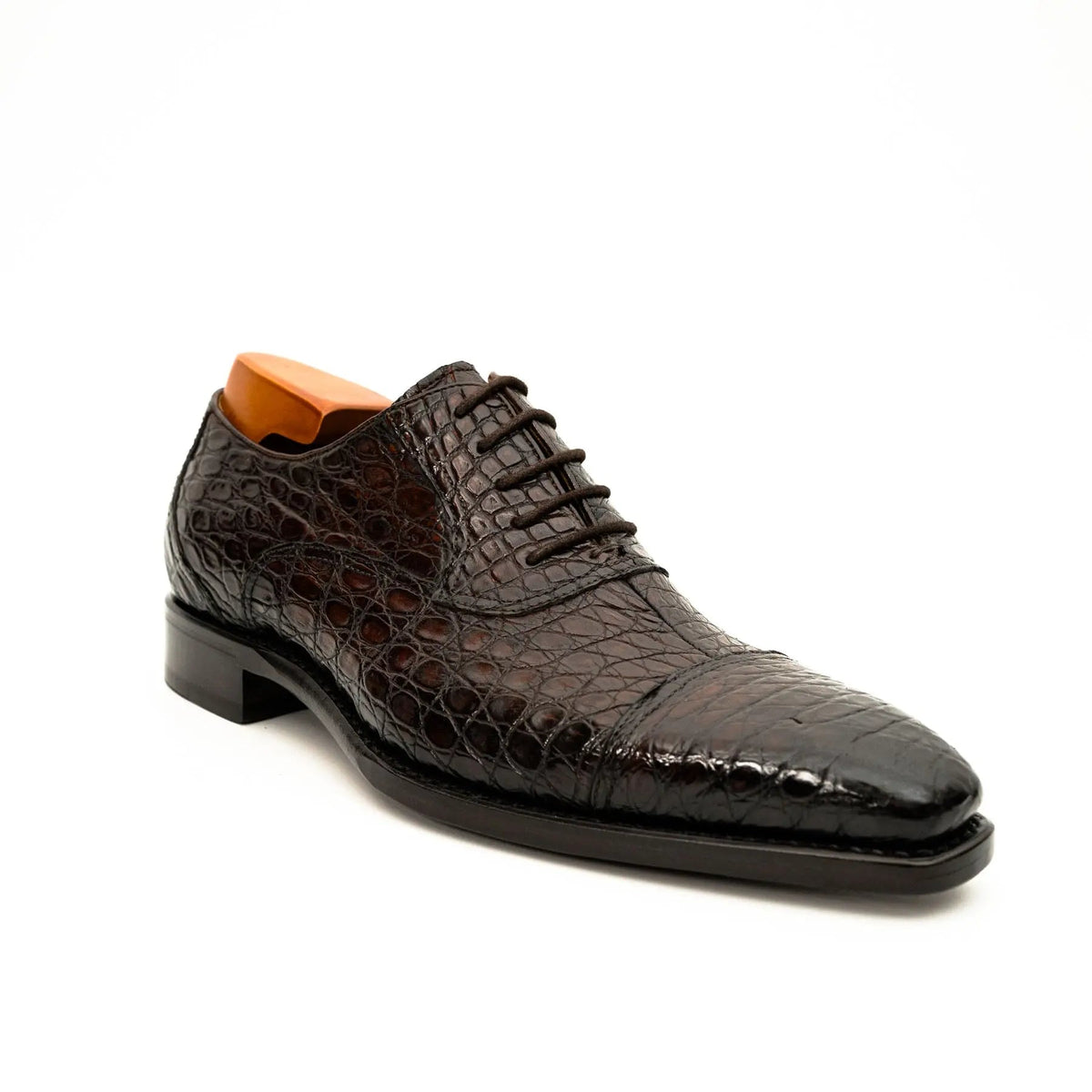 Dark Brown Cap-Toe Crocodile Leather Oxford Shoes