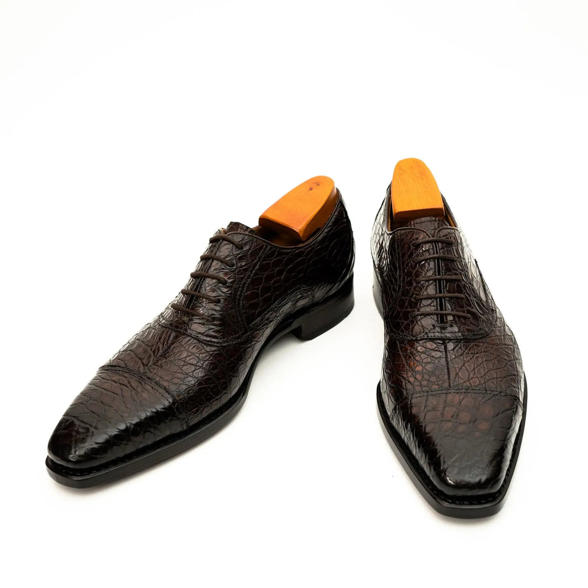 Dark Brown Cap-Toe Crocodile Leather Oxford Shoes