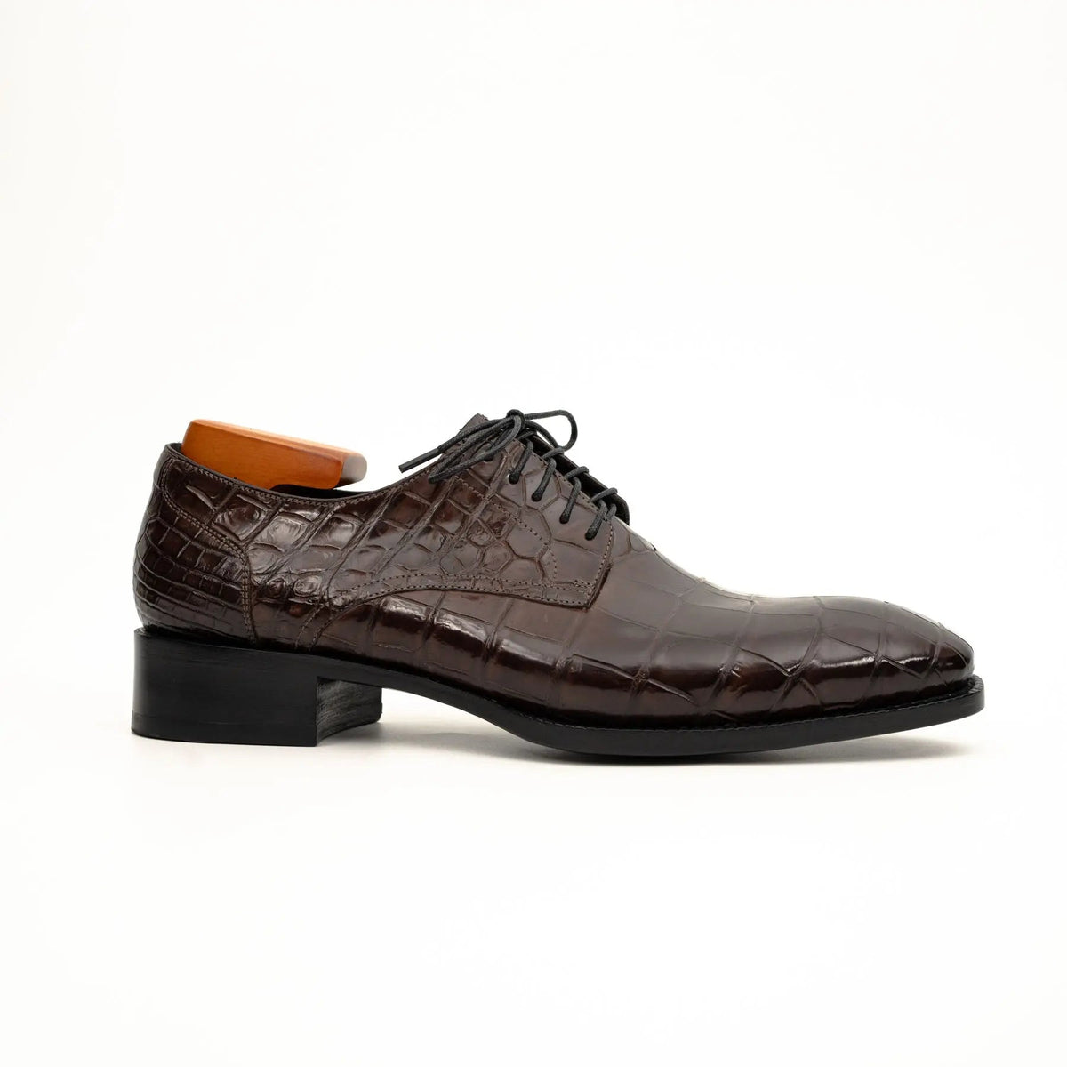 Dark Brown Plain-Toe Crocodile Leather Derby Shoes