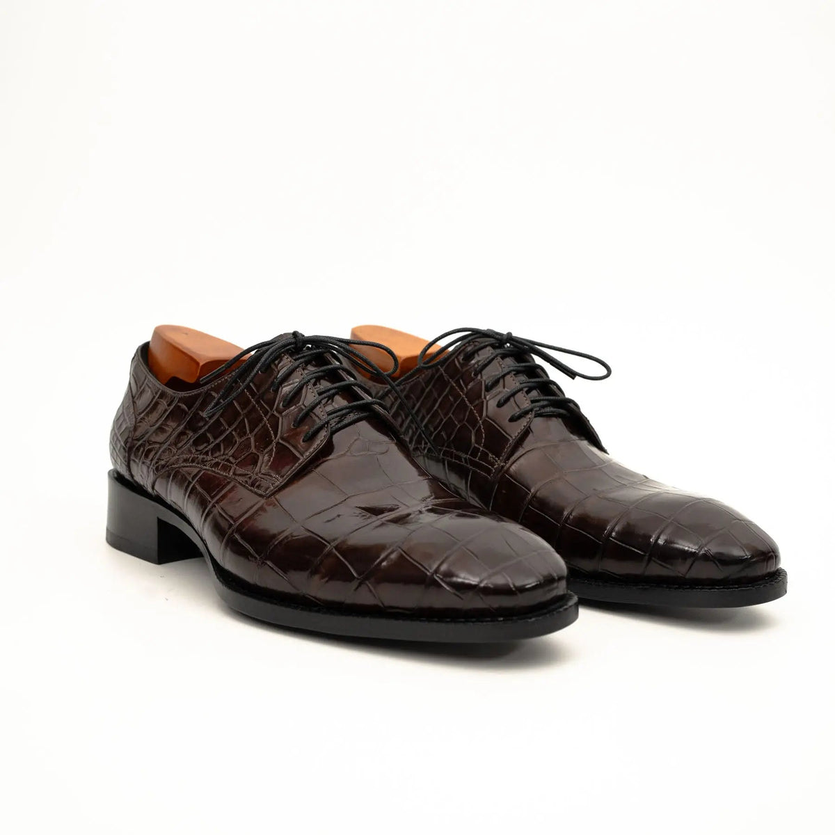 Dark Brown Plain-Toe Crocodile Leather Derby Shoes