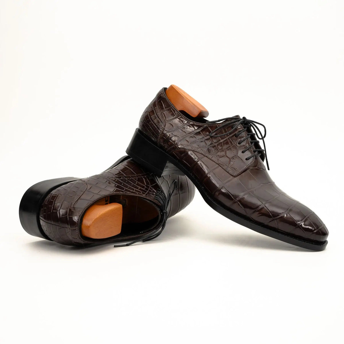 Dark Brown Plain-Toe Crocodile Leather Derby Shoes