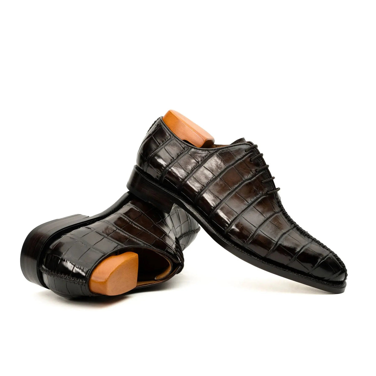 Dark Brown Square-Toe Crocodile Leather Oxford Shoes