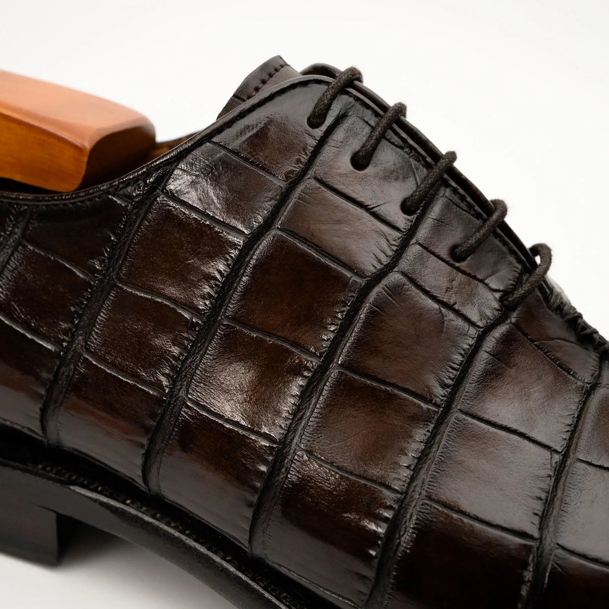 Dark Brown Square-Toe Crocodile Leather Oxford Shoes