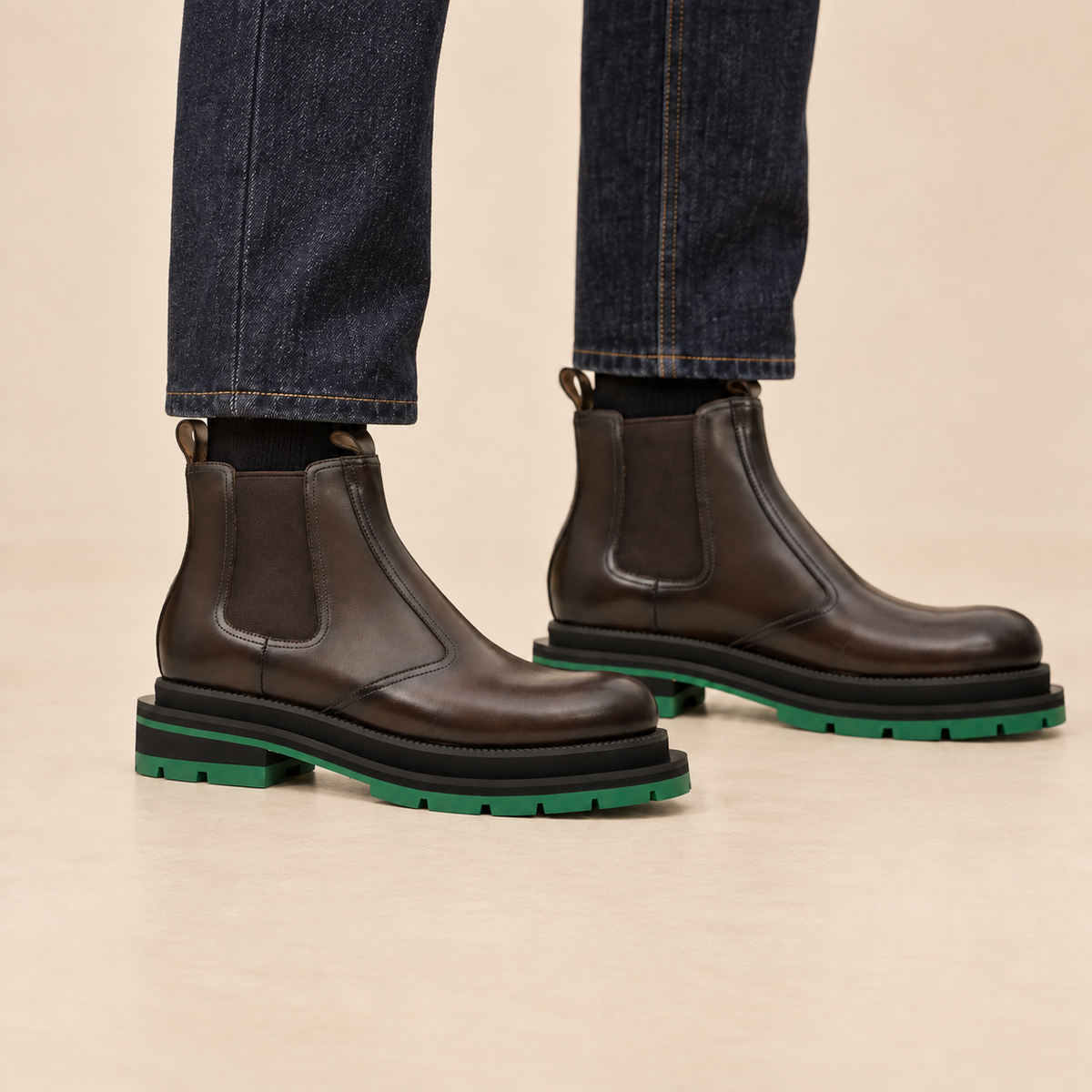 Dark Brown Glossy Platform Plain-Toe Chelsea Ankle Boot