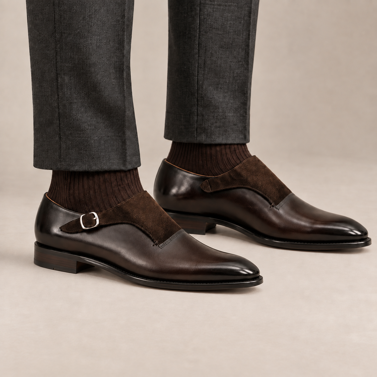 Dark Brown Plain-Toe Cow Leather Monk Shoes