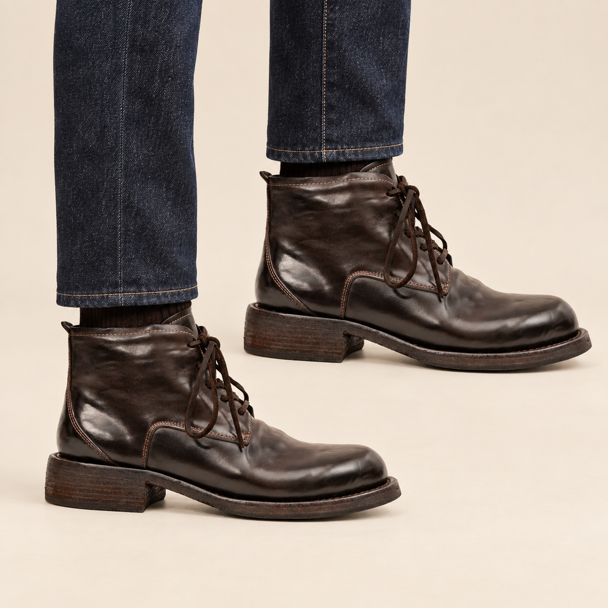 Dark Brown Plain-Toe Horse Butt Leather Ankle Boots