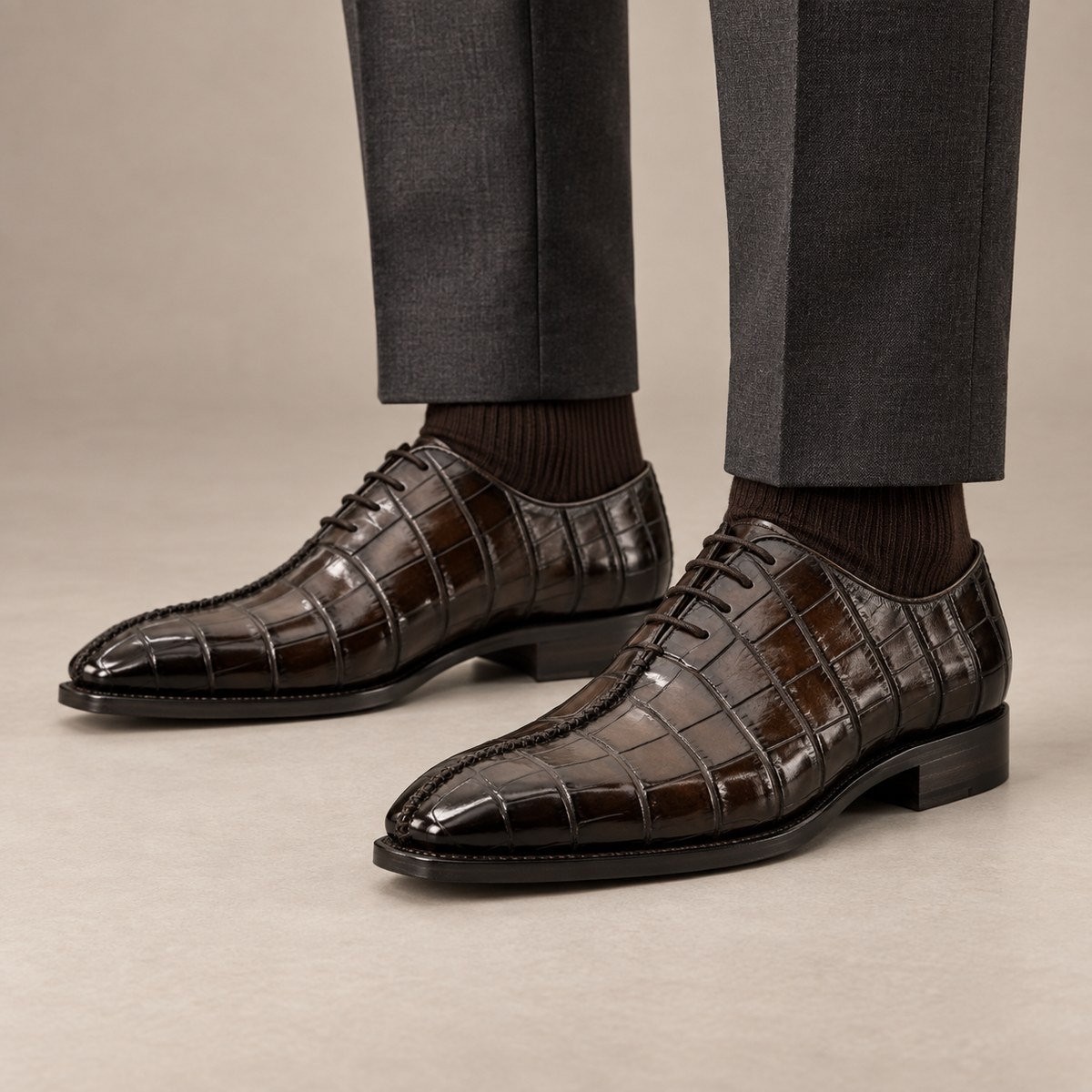 Dark Brown Square-Toe Crocodile Leather Oxford Shoes