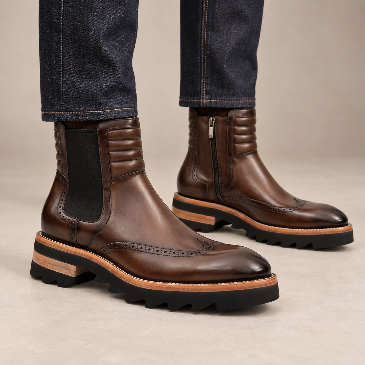 Dark Brown Wingtip Cow Leather Chelsea Boots