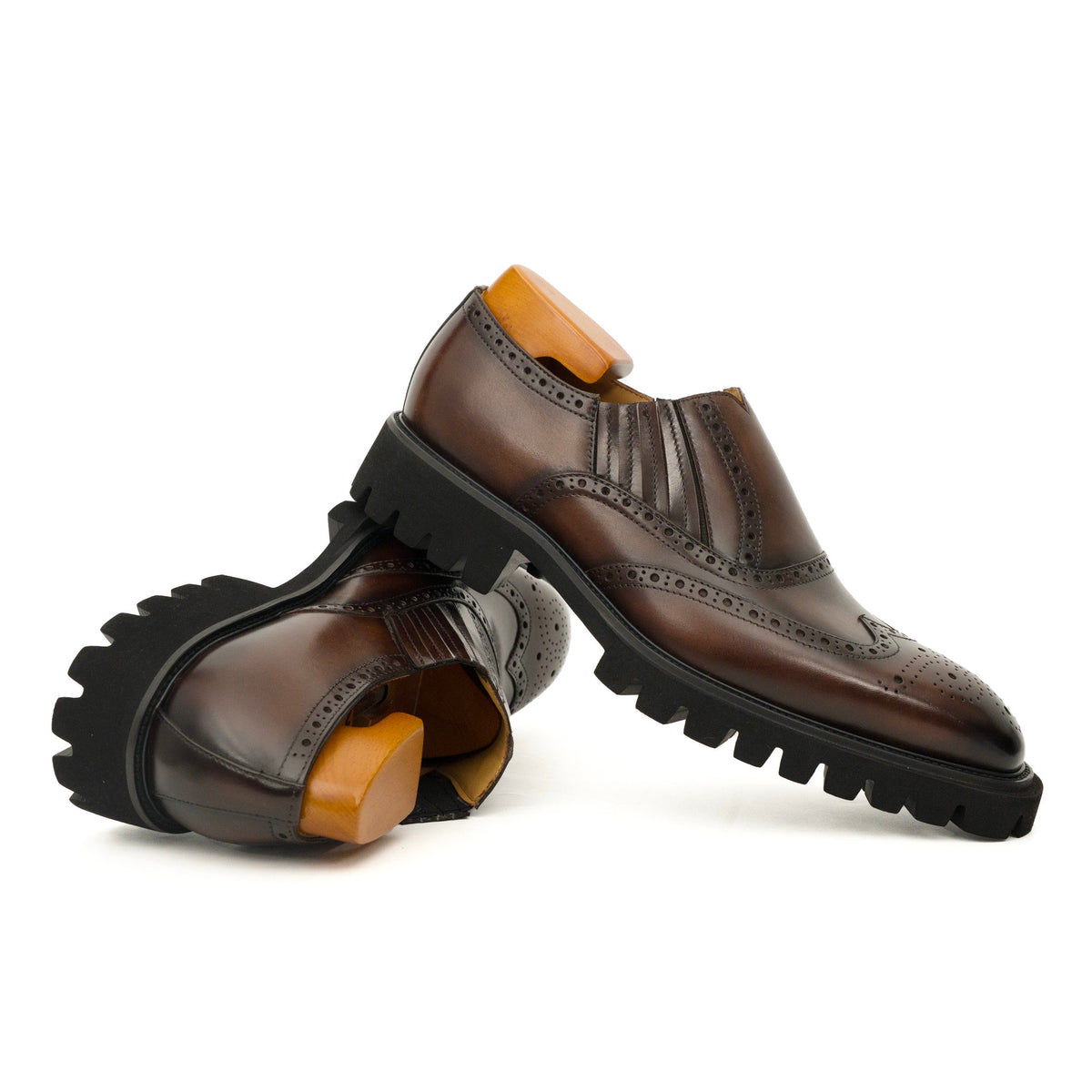 Dark Brown Wingtip Cow Leather Slip-On Shoes