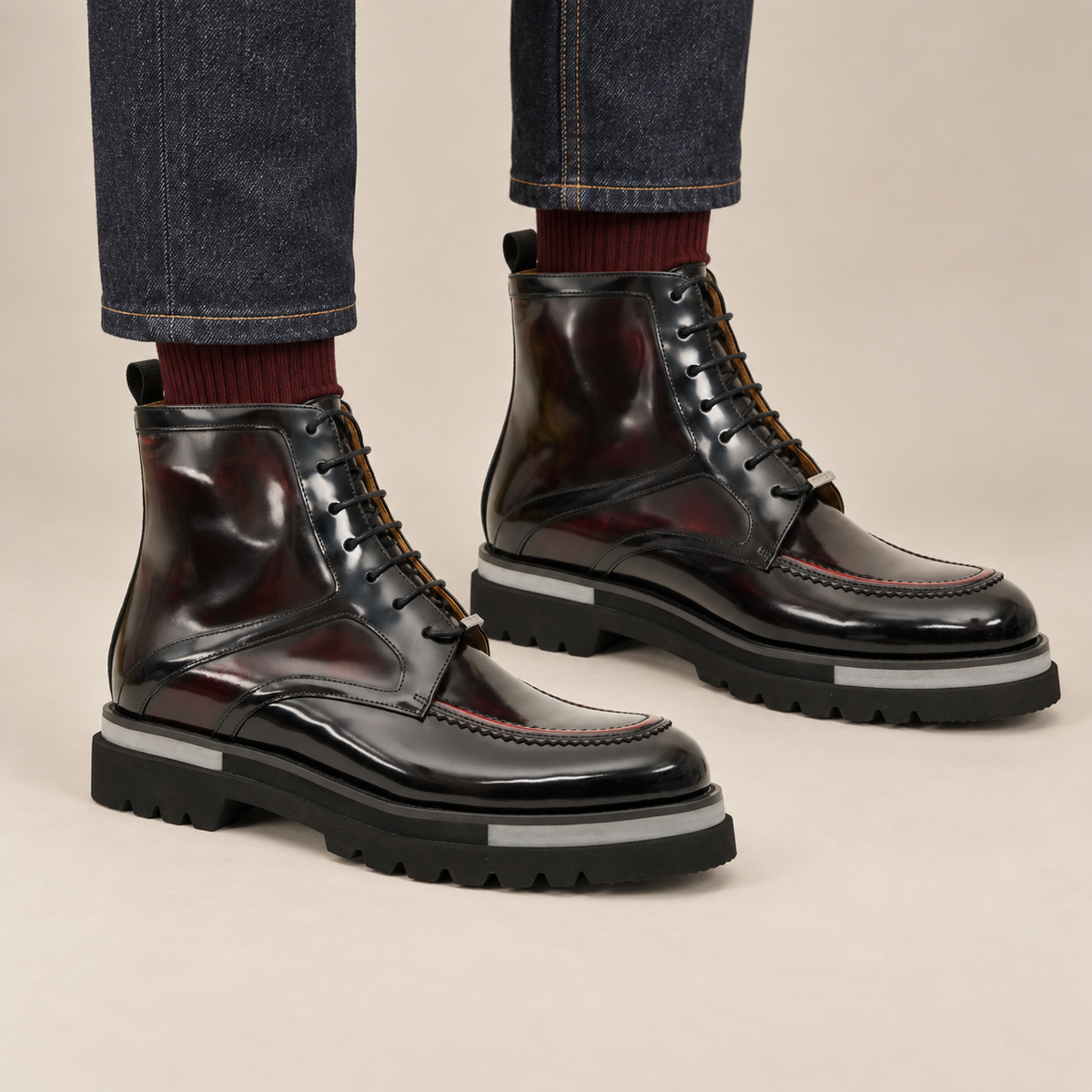 Dark Burgundy Apron-Toe Calf Leather Ankle Boots