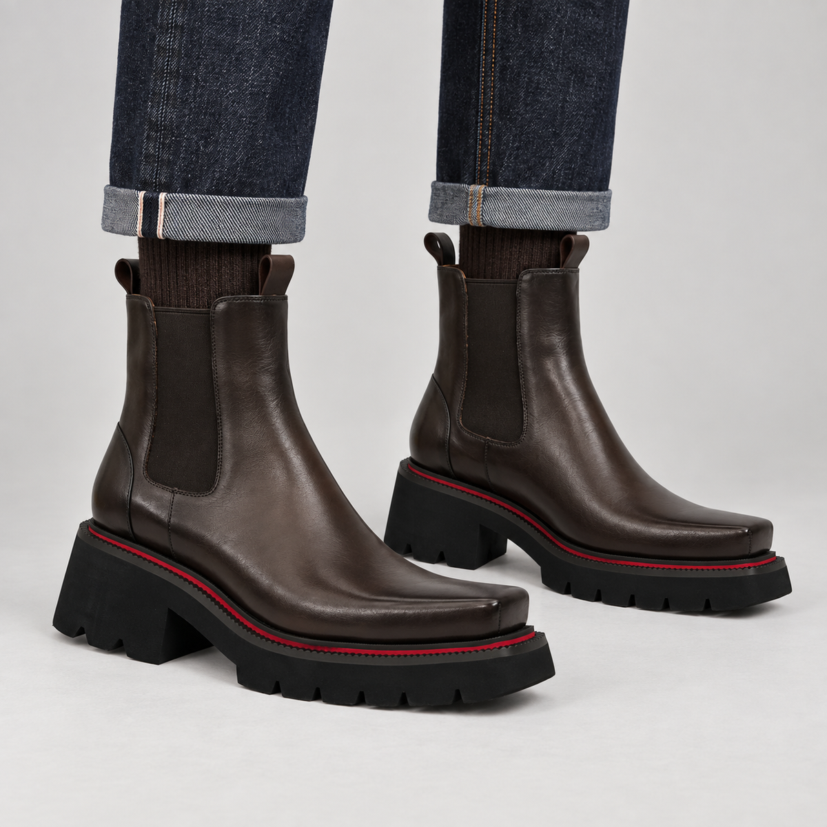 Dark Coffee Square-Toe Calf Leather Chelsea Boots