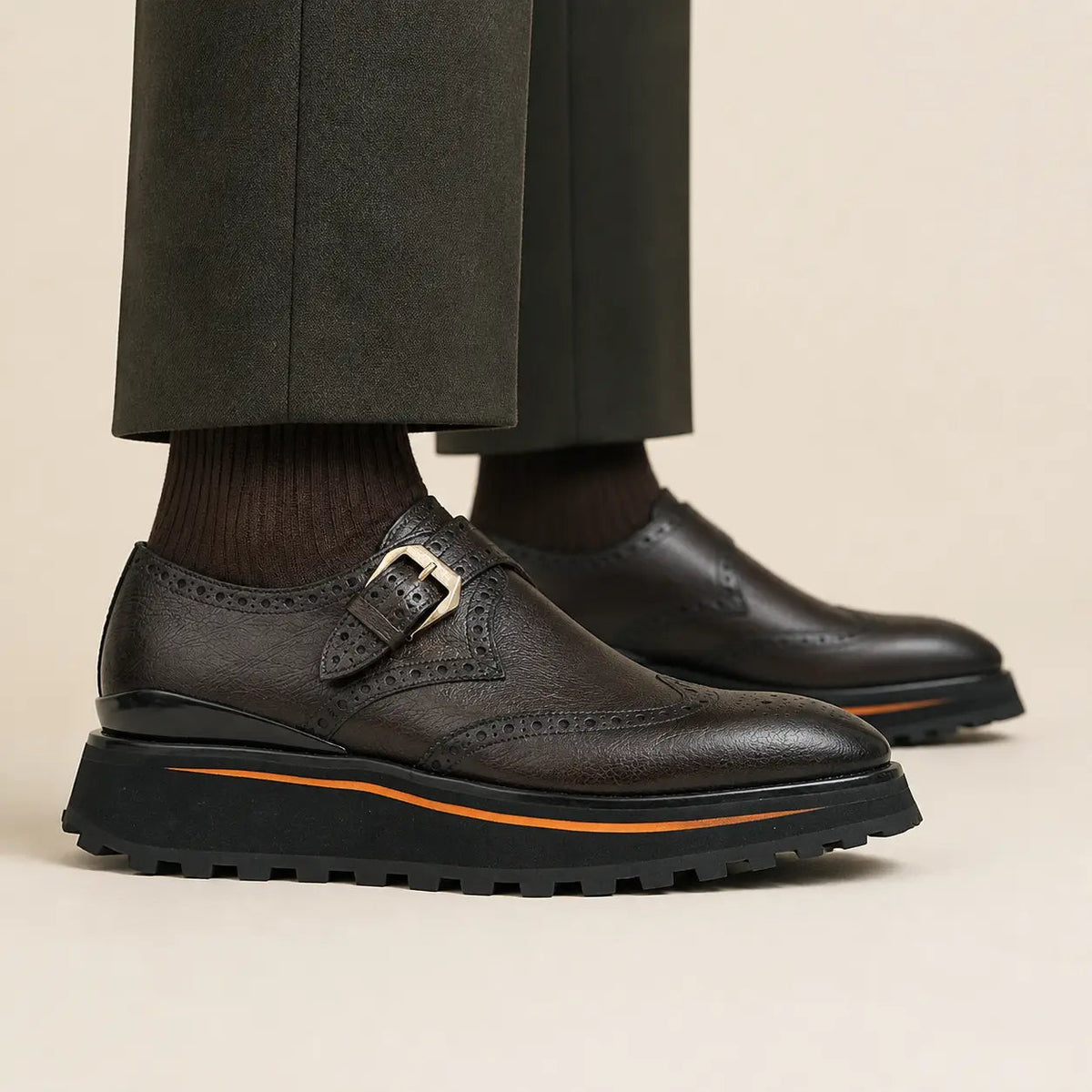 Brown-Black Wingtip Cow Leather Monk Shoes