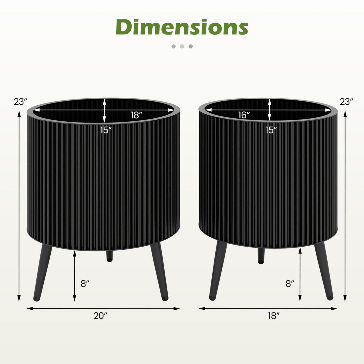 Fluted Metal Planter Pots with Stand Set of 2
