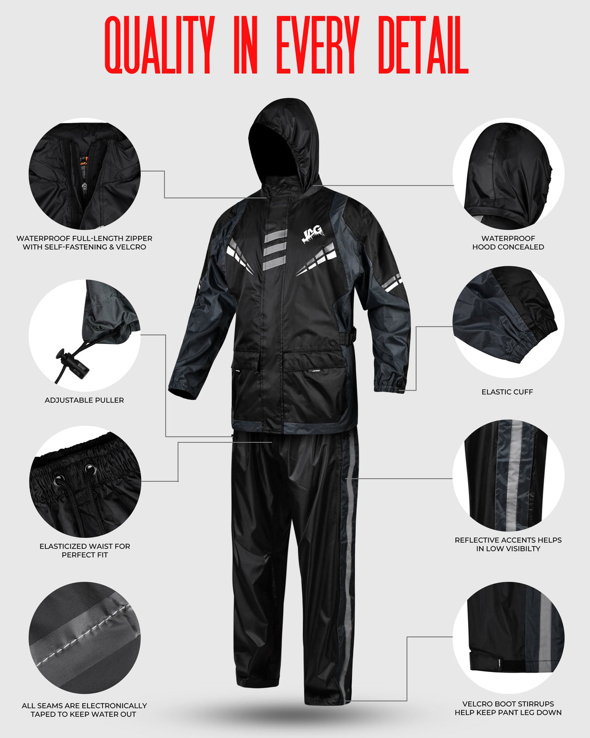 Traje de lluvia JAG Rainmaster para hombre y mujer (negro/gris)
