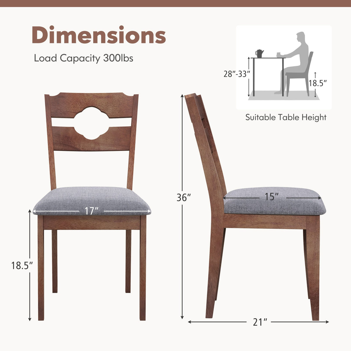 Juego de 2 sillas de comedor de cocina tapizadas en tela con asiento acolchado y respaldo alto - Gris