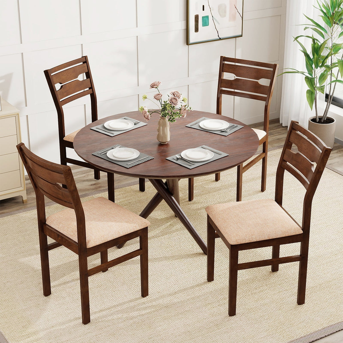 Dining Chair Set of 2/4 with Rubber Wood Frame and Padded Seat