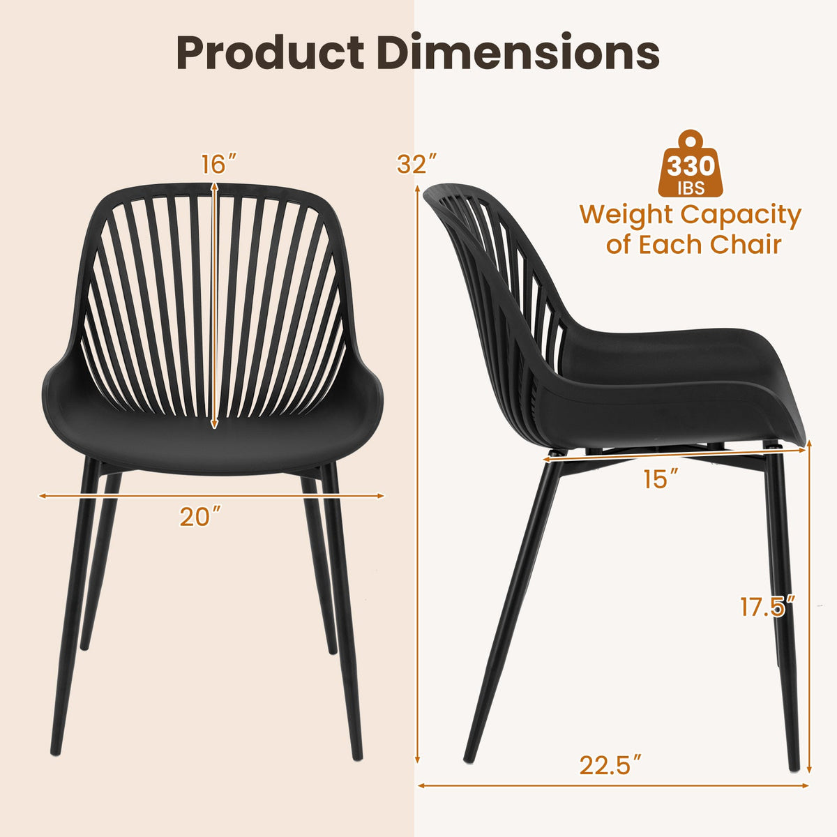 Modern Kitchen Chairs with Metal Legs Cutout Backrest Curved Seat for Dining Room Home Office-Black