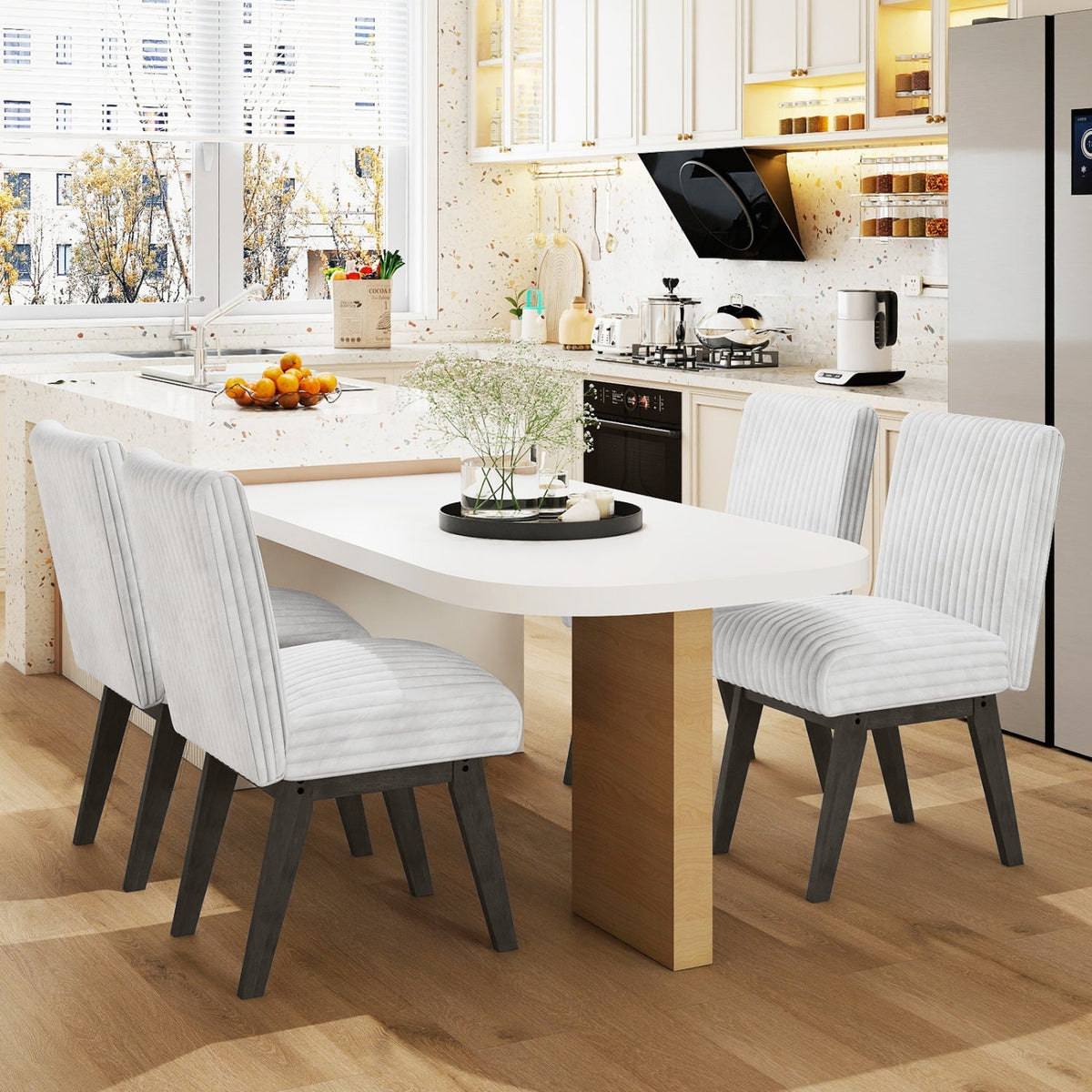 Dining Chairs Set of 4 Fabric Upholstered Kitchen Chairs with Padded Seat and Rubber Wood Legs-White+Gray