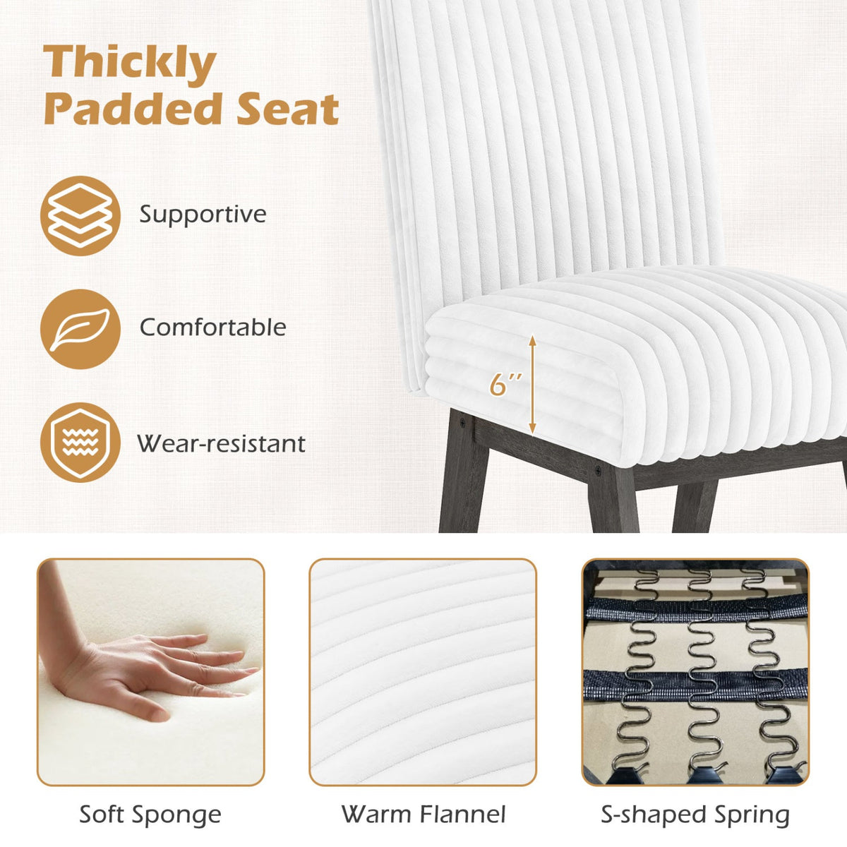 Dining Chairs Set of 4 Fabric Upholstered Kitchen Chairs with Padded Seat and Rubber Wood Legs-White+Gray