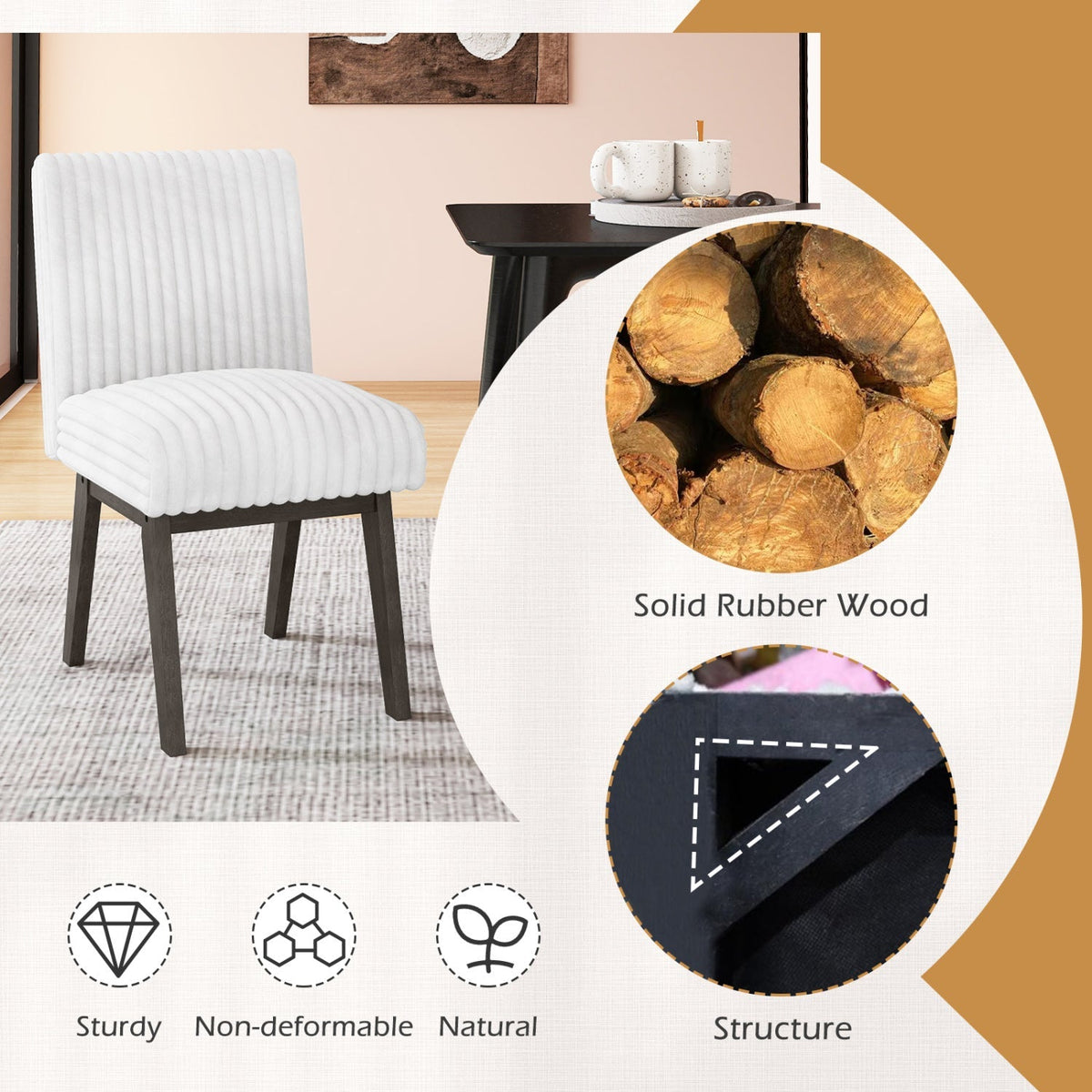 Dining Chairs Set of 4 Fabric Upholstered Kitchen Chairs with Padded Seat and Rubber Wood Legs-White+Gray