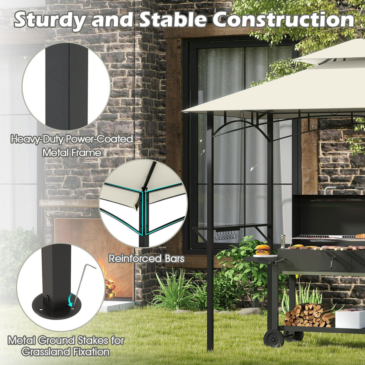 Outdoor Double-Tiered Grill Gazebo Canopy with 2 Shelves and 7 Hooks