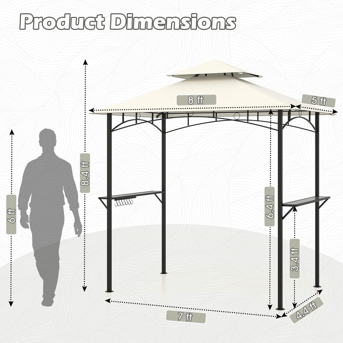 Outdoor Double-Tiered Grill Gazebo Canopy with 2 Shelves and 7 Hooks